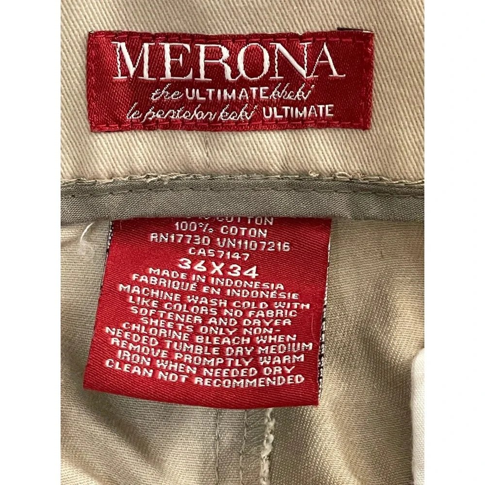 Merona Mens‎ Ultimate Khaki Pants Tan 36x34 Nano-Tex Stain Resistant Flat Front